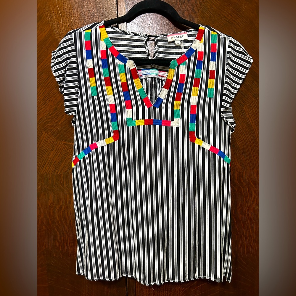 Andree by Unit black & white Striped Women's Top with embroidery size medium